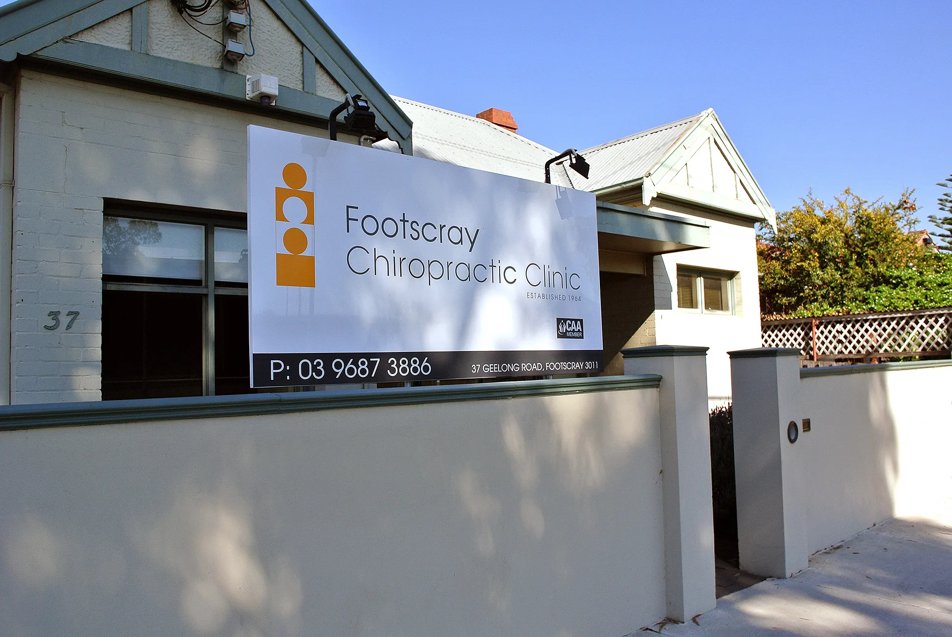 The Footscray Chiropractic Clinic building at 37 Geelong Road — Established 1964 signage on the front wall